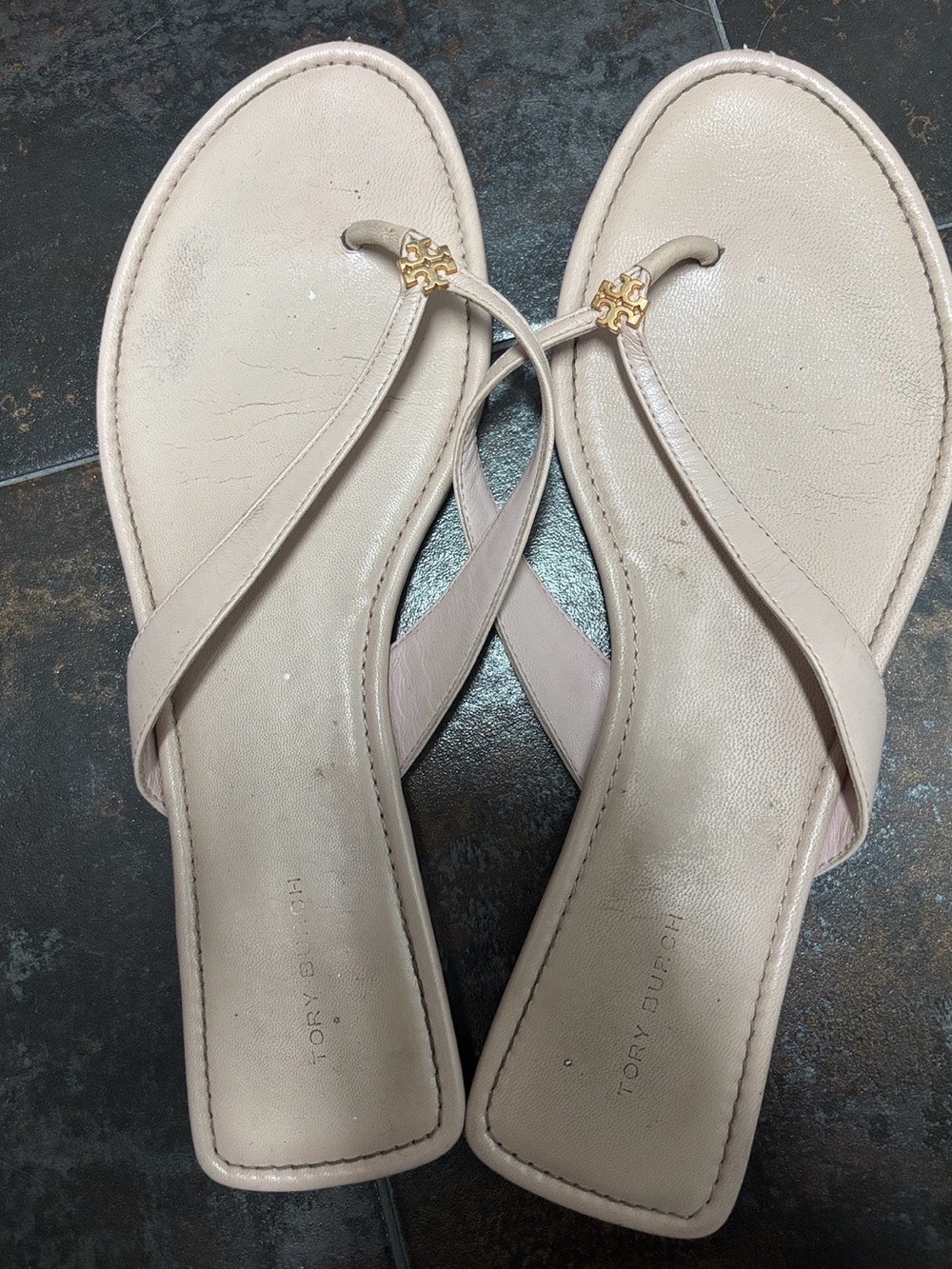 Tory Burch Pale Pink Leather Logo Thong Sandals